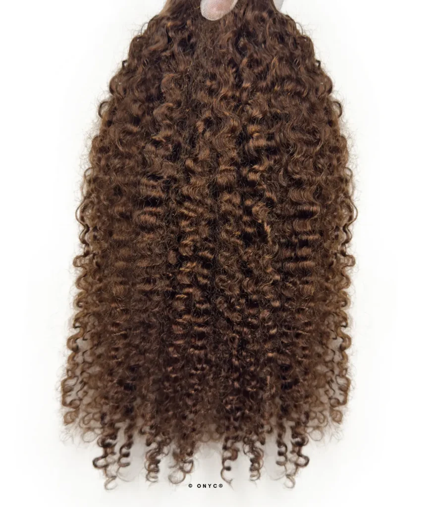 Indian Kinky Curly Hair Bundles ONYC Loose Kinks ClassiQUE Collection Single Drawn Weft Bundle Chocolate Brown Color 4. Detailed view of Single Drawn Pre-Colored Kinky Curly Hair bundle from ONYC Loose Kinks™ Hair, featuring soft, voluminous 3C Kinky Curly Colored Human Hair in Color 4/30 kinky curly hair bundles. This Pre-Colored Indian Kinky Curly Hair Bundles option is part of ONYC’s best kinky curly human hair weave line—where all ONYC Kinky Curly Hair textures, including the popular 3B3C, deliver the best african american curly hair extensions for a flawless blend. Designed as Pre-Colored Kinky Curly Hair Bundles with Pre-Dyed Kinky Curly Hair with Curl Integrity, this Indian Kinky Curly Hair Weave offers a natural bounce, soft feel, and natural-looking curls ideal for everyday and special occasion styling. Made from Virgin Hair Bundle and Raw Cuticle Hair, these Afro Kinky Curly Human Hair bundles are lightweight, affordable, worth the investment, long-lasting, and tangle free that does not shed. Perfect for Human Hair Curly Weave and ONYC curly hair extensions lovers, this 3C Kinky Curly Human Hair Extensions option is easy to use, full-bodied, premium, and available in under 14, 14 in to 18, 18 in to 24 in, and over 24 in lengths. As part of a Black-owned human hair extensions collection, ONYC offers ONYC Human Hair Bundles for natural hair extensions for black hair, available to buy online, for sale, with fast shipping in the USA, local pickup in Washington DC and Maryland, plus free shipping deals. Highlighted in ONYC Hair Reviews and ONYC Hair Products Review, this ONYC hair products favorite remains one of the best hair extensions for African American hair and a top choice among african american hair extensions websites.