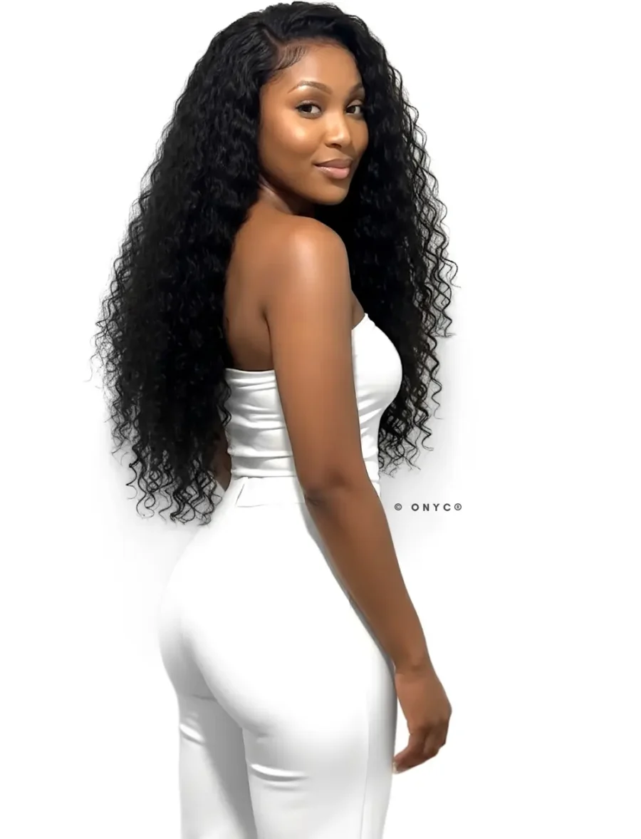 Model flaunting ONYC Deep Curly Human Hair Bundles 3B Curly Weave Weft – Curly Addiction™, styled in rich ringlet curls that exude luxurious, Voluminous, and Natural-looking appeal. This Deep Curly Human Hair showcases the finest Quality 100% deep curly human hair, offering a Soft, Thick, and Full-bodied texture perfect for black hair. The model’s stunning look highlights Deep Curly Hair with Closure, Deep Curly Human Hair Weft, and Virgin Deep Curly Human Hair Extensions Weft that are Tangle Free that Does Not Shed! and Reusable. Designed for women seeking Deep curly hair extensions for black hair, these ONYC Curly Addiction™ Deep Curly Hair Bundles are known as the Best Deep Curly Human Hair Bundles for Black Women, crafted from Mongolian Virgin Hair and Raw Cuticle Hair for unmatched shine and movement. This Virgin Deep Curly Hair Bundles Maryland Pickup look emphasizes protective styles, heat free hair, and natural hair extensions for black hair that blend seamlessly with natural textures. Captured in an elegant pose, the model wears Double Drawn Deep Curly Weave Bundles and 3B Deep Curly Virgin Hair Weft Bundles, known for being Durable, Premium, and Worth the investment. Ideal for shoppers searching Affordable Deep Curly Human Hair Weave Bundles Online, Deep Curly Human Hair Bundles Near Me, or Buy Virgin Deep Curly Human Hair Bundles Online USA with Fast shipping, free shipping, and Local Pickup options in Maryland and Washington DC. These ONYC Deep Curly Weft Hair Extensions and ONYC Deep Curly Weave Extensions Human Hair define true high-quality, Human-hair, Virgin hair, and Remy hair extensions—crafted to last, Well made, and Easy to use—making ONYC® the go-to choice for Best Natural Hair Extensions and real human hair beauty that’s timeless, Affordable, and undeniably glamorous.