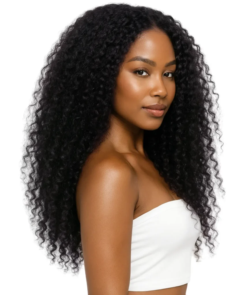 Female model wearing Indian Kinky Curly Hair Bundles – ONYC® Loose Kinks 3C™ ClassiQUE™, showcasing real 3C curls and the loose 3C texture in a natural-looking, voluminous curly hair style. These Textured Curly Hair Extensions and 3C curly hair bundles are crafted from Virgin Hair Bundle made with Raw Cuticle Hair, Indian Kinky Curly Hair, and Indian Remy Hair, offering super double drawn, thick hair, and finest quality finish. As part of ONYC’s reputation for the best kinky curly human hair weave, all ONYC kinky textures, including the popular 3B3C, deliver the best kinky curly texture for flawless blending. These Kinky curly hair bundles, Kinky Curly Human Hair Bundles, and Afro Kinky Curly Human Hair bundles are tangle free that does not shed, long-lasting, luxurious, and worth the investment. Perfect Human Hair Curly Weave choice for those seeking Textured curly bundles, Loose Kinky Curly Hair, or 3C textured hair in lengths from under 14, 14 in to 18, 18 in to 24 in, and over 24 in. Ideal for Black-owned human hair extensions shoppers, Best african american curly hair extensions, and natural hair extensions for black hair. Available to buy online, in store, with fast shipping, local pickup, or delivery near me in Washington DC and Maryland, plus free shipping usa. Featured in ONYC Human Hair Bundles, ONYC Hair Products Review, ONYC Hair Reviews, and ONYC curly hair extensions, making it one of the best hair extensions for African American hair and heat free hair options for a natural hair weave sew-in.