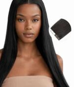 A woman wearing the ONYC Silk Press Silky Relaxed Tape In Extensions – Light Relaxed Perm beautifully showcases the best silk press extensions with a flawless finish, ideal for those searching for silk press extensions near me or looking to achieve silk press extensions for natural hair and silk press extensions for black hair. Her straight tape in hair extensions for black hair blend seamlessly with her natural hair, offering a thick hair look that is well made, doesn't shed, and mirrors the soft texture of light yaki tape in extensions. Featuring the trusted ONYC Hair Product and crafted with ONYC Light Relaxed Perm Hair, this style is perfect for anyone seeking silky relaxed tape in extensions near me with fast shipping or local pickup options in Washington DC, and praised across silk press tape in reviews for its quality and easy blend with straight tape in for relaxed hair.