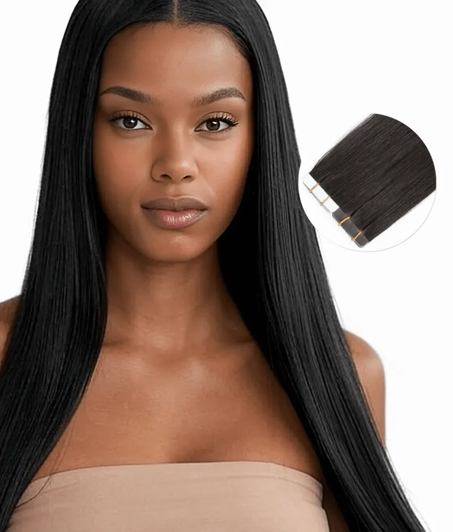ONYC Silk Press Silky Relaxed Tape In Extensions – Light Relaxed Perm A woman wearing the ONYC Silk Press Silky Relaxed Tape In Extensions – Light Relaxed Perm beautifully showcases the best silk press extensions with a flawless finish, ideal for those searching for silk press extensions near me or looking to achieve silk press extensions for natural hair and silk press extensions for black hair. Her straight tape in hair extensions for black hair blend seamlessly with her natural hair, offering a thick hair look that is well made, doesn't shed, and mirrors the soft texture of light yaki tape in extensions. Featuring the trusted ONYC Hair Product and crafted with ONYC Light Relaxed Perm Hair, this style is perfect for anyone seeking silky relaxed tape in extensions near me with fast shipping or local pickup options in Washington DC, and praised across silk press tape in reviews for its quality and easy blend with straight tape in for relaxed hair.