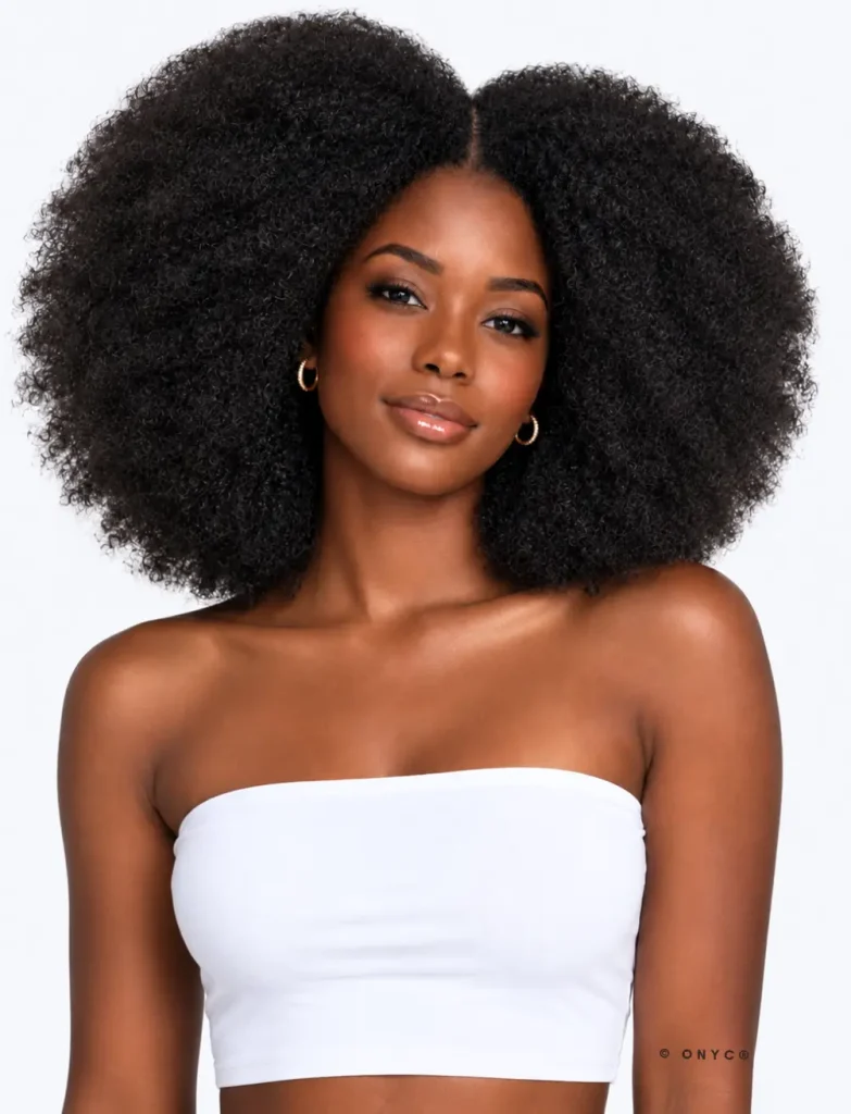 ONYC hair black beauty wearing the best black owned hair extensions in natural Black hair extensions human hair textures, premium Raw Cuticle-Aligned Natural Hair Textured hair extensions for black women, Best black owned African American hair with curly, kinky, coily, and Type 4-friendly volume.